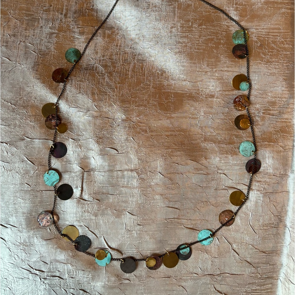 Long Necklace with copper, brass, verdigris pailette discs on dark chain